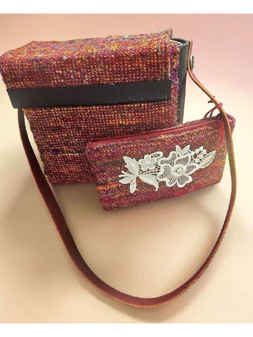 Handmade Sari Bag & Pouch Set – Leather Trim – Preowned Never Used – 2‑Piece
